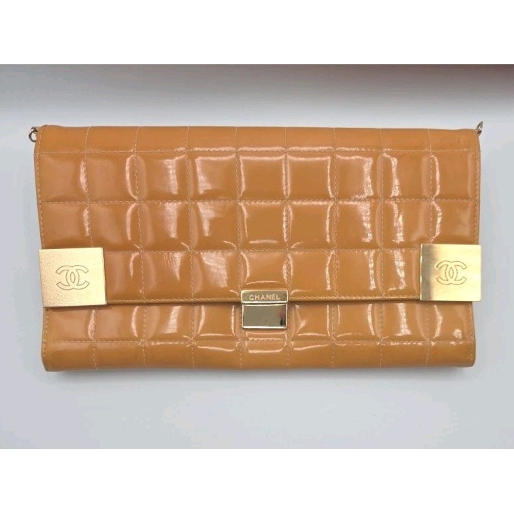 Vintage Chanel Chocolate Bar Patent Leather Flap Bag/Wallet Clutch - Orange Gold